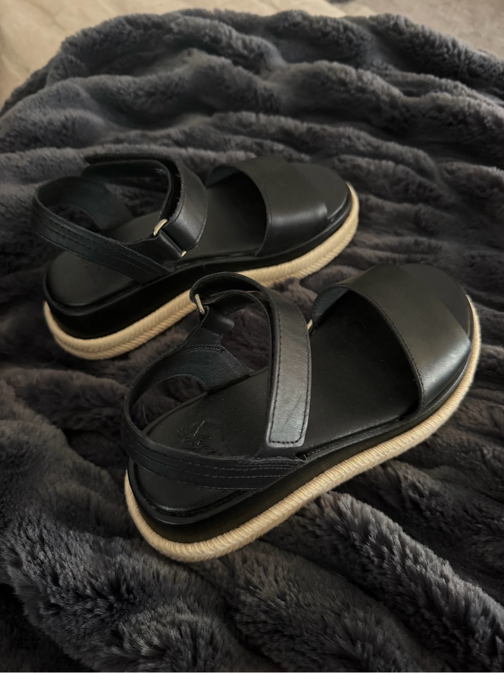 Black Leather Platform Sandals with Rope Sole